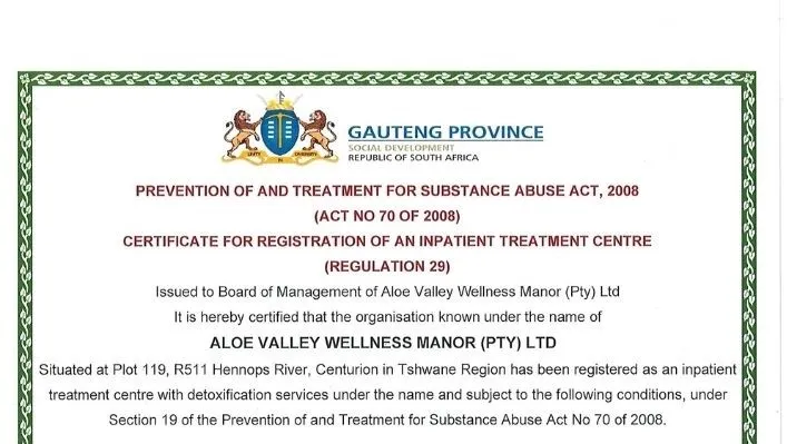 Registration certificate for Aloe Valley Wellness Manor (Pty) Ltd from the Gauteng Department of Social Development