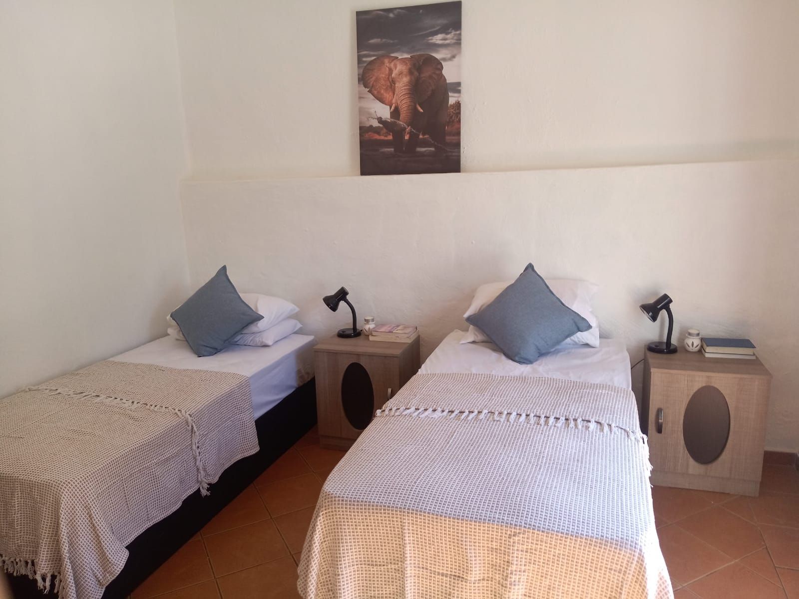 A twin bedroom at Aloe Valley with made beds and bedside lamps